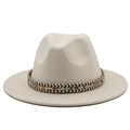 Close-up of cream wool jazz hat with a colorful ethnic woven band on white background - M (56-58cm) / Beige