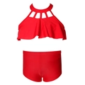 Vibrant red two-piece girls' bikini set featuring ruffled halter top and boyshort bottoms - 104 / Red Cutout Top & Red Boyleg Bottom Set
