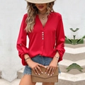 Blusa roja brillante con cuello en V y manga larga para un estilo de oficina casual chic - S / Rojo