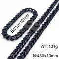 Hip hop black stainless steel Cuban link necklace and bracelet set with gear pattern clasp - Style B (10mm) / Bracelet 21cm + Necklace 45cm / Black