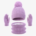 Detail of purple winter knit set featuring touch-screen gloves and thick fleece lining - One Size / Purple