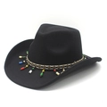 Classic black wool felt cowboy hat with bohemian colorful beaded geometric hatband - M (56-58cm) / Black