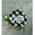 30cm Easter wreath with black and white plaid fabric and white HAPPY Easter wooden sign - 30CM Black & White Plaid Happy Easter Bunny Wreath
