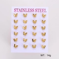 Detailed set of 12 pairs of golden stainless steel butterfly stud earrings on display card - Butterfly Design
