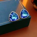 Elegant gold-plated triangle stud earrings featuring multi-faceted blue gemstones - Faceted Blue Gem Triangle Studs (27#)