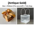 Antique gold square woven gift box with silk ribbon and transparent carry bag - Antique Gold With Tote Bag
