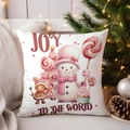 Square Christmas cushion cover with pink snowman and ginger man on a grey sofa - TQYM72-8 (Joy to the World)