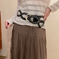 Vintage black leather waist belt with silver metal rings and rivet studs for women - Double Ring Buckle Rivet Style (HN10234)