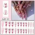 Long stiletto press-on nails with pink butterfly prints and silver rhinestones, 24pcs kit - CJCY-51 Pink Butterfly Rhinestone