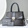 Dunkelgraue Handtasche im Krokostil 3er-Set mit elegantem goldenem Verschluss und Taschen - 3-teiliges Set / Grau