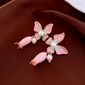 Vintage butterfly and bellflower drop earrings with pink enamel and pearl accents - 48# Pink Butterfly with Flower Bud and Pearl (925 Sterling Silver Earring Post)