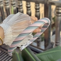 Striped fabric headband by Alline in pink and light blue with woven brand label - Pink-Blue-Black Stripe Narrow Headband