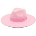 Elegant light pink wide-brim wool felt jazz hat with a dark pink ribbon bow decoration - Pink