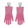 Pair of pink silicone pet grooming gloves with soft scrubbing bristles and hanging hooks - Pink (Thin)