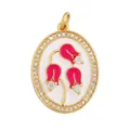 Oval pure copper pendant featuring red lily of the valley flowers and white enamel - Gold Oval Zirconia Inlaid Pink Lily of the Valley V2