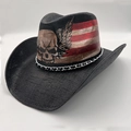 Chapeau de cowboy noir avec crâne, motif drapeau américain et chaîne en argent - Décoration de Chaîne de Drapeau Américain Crâne Noir