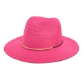 Detail of rose pink fedora straw hat featuring a slim gold metal decorative band - M (56-58cm) / Rose Red
