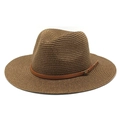 Close-up of woven straw sun hat texture with brown leather band and metallic buckle - M (56-58cm) / Brown