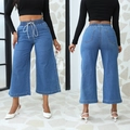 Blaue Jeans mit elastischem Bund und Kordelzug, weites Bein, Ansicht von vorne und hinten - S / Blau