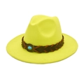 Close-up of the woven brown faux leather band and turquoise stone on yellow wool fedora - M (56-58cm) / Neon Yellow
