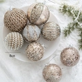 Set of 8cm golden and silver Christmas balls with glitter patterns and beaded textures - 23 Champagne Set 8 Pieces