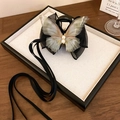 Elegant black mesh bow hair claw with white pearls and long ribbons for women - Black