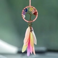 Handmade tree of life dreamcatcher car pendant with colorful feathers and crystal stones - 7-Color Crystal - Pastel Pink