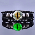 Detailed view of luminous dragon eye leather bracelet with green glowing glass cabochon - Yellow-Green Dragon Eye Luminous Style (8)