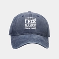 Detailed view of washed blue denim baseball cap featuring white vintage text print - Adjustable / Navy Blue