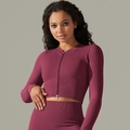 Seamless ribbed yoga set in burgundy with zip-up long sleeve top and high waist leggings - S / Tops / Burgundy