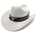 Dettaglio cappello cowboy bianco in scamosciato con cinturino in pelle e fibbia a toro - Beige / M (56-58cm)