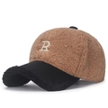 Brown and black teddy fleece baseball cap with R embroidery in a 45-degree view - Adjustable / Dark Camel with Black Brim