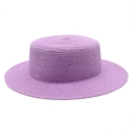 Close-up of the fine texture and lavender purple straw weave on this flat top boater hat - M (56-58cm) / Taro Purple