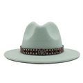 Detail of mint green fedora wool hat with brown leather band and silver metal studs - Mint Green