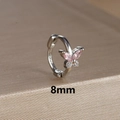 Macro detail of silver butterfly earring hoop with pink and white gems and 8mm size mark - 8mm / Silver-Pink