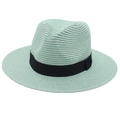 Detail of mint green straw Panama hat with black ribbon, woven texture close-up - One Size / Mint Green
