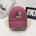 Vintage burgundy washed cotton baseball cap with eagle American flag patch embroidery - One Size / Burgundy