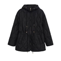 Women's black quilted mid-length hooded jacket with waist drawstring and gold zippers - XS / Black