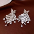 Silver butterfly tassel earrings with cubic zirconia drop crystals on dark satin - Silver Butterfly Mesh Drop Tassel Style (39#)