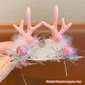 Fermagli per capelli corna di renna rosa con piume bianche e fiocchi di neve - 02# Molletta per capelli natalizia - Fiocco di neve rosa argento