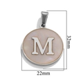 Silver stainless steel round pendant with white shell inlay and letter M detail - Steel M