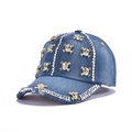Blue denim baseball cap with gold skull studs and sparkling rhinestone rows - Gold Skull Stud (Dark Blue)