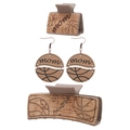 Detail of mom themed beige hair clips and earrings with wood texture and basketball pattern - Mom Basketball Set