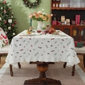 White cotton Christmas tablecloth with red berry patterns and ruffled edges - White Floral + White Ruffle