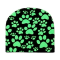 Detailansicht der schwarzen Strickmütze mit neongrünen Pfotenabdruck-Jacquardmustern - M / Grün