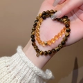 Tiger eye and citrine beaded bracelet set with gold pendants for women in warm tones - Tiger Eye Citrine Stackable Style (5#)