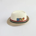 Kids cream straw fedora with red-green striped band and cute cartoon bull patch - 52cm (2-7 Years) / Milk White Beige