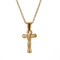 Golden stainless steel cross pendant necklace with textured bamboo-style design on chain - Letter T