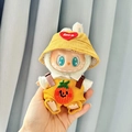 Plush doll wearing yellow corduroy overalls and bucket hat with Love embroidery - Two-piece Set Of Woolen Pumpkin Overalls + Yellow Heart Hat / First And Second Generation Keychains Are Compatible With La Cloth Dolls. Dolls Not Included.