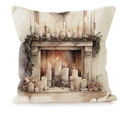 Weihnachtlicher Kissenbezug aus Leinen mit Aquarell-Kamin, Kerzen und Tannenzweigen - Warmer Kamin